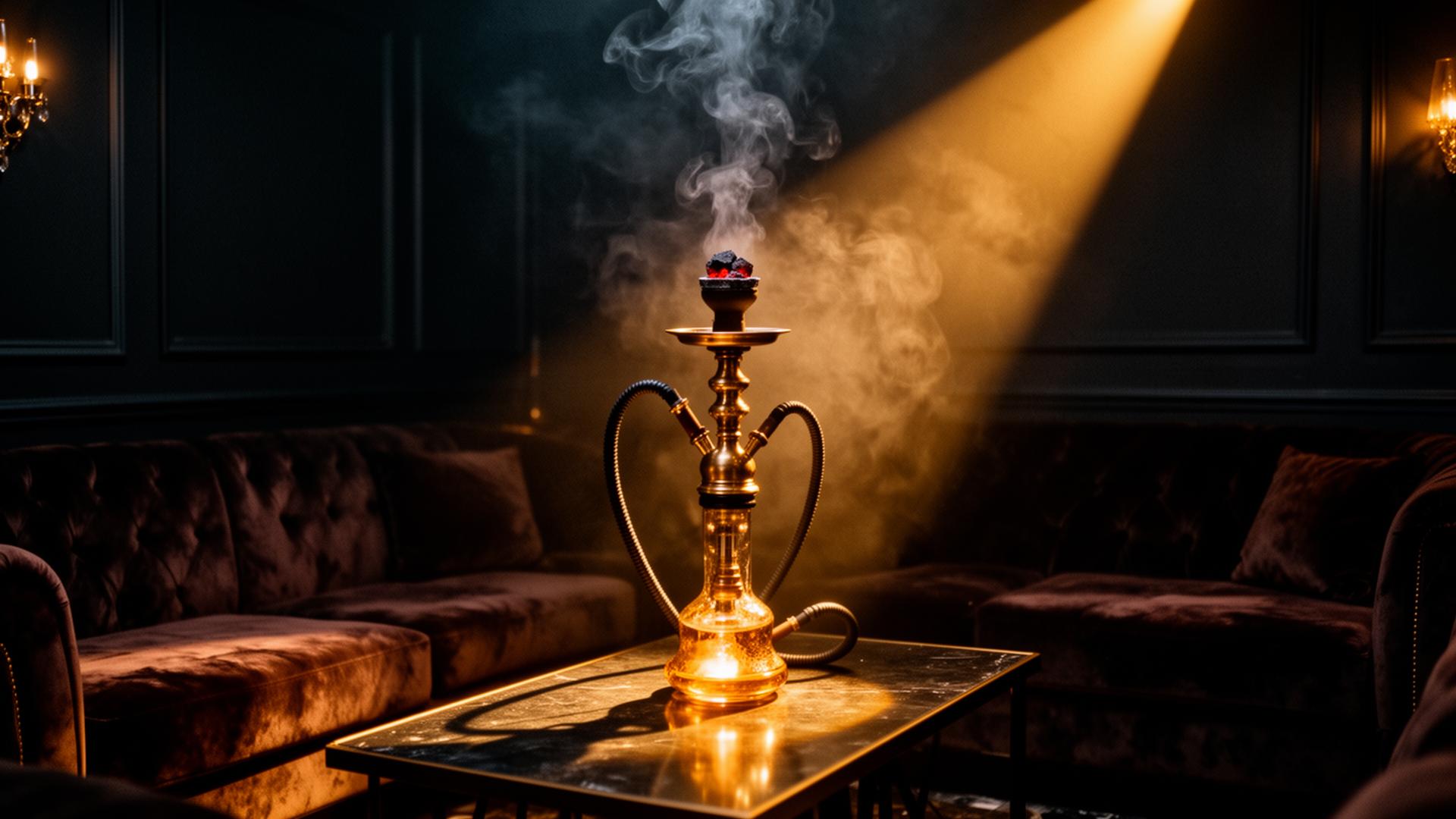 Interior of NAAR Hookah Cafe in Myrtle Beach — brass hookah, velvet booths, amber lounge lighting